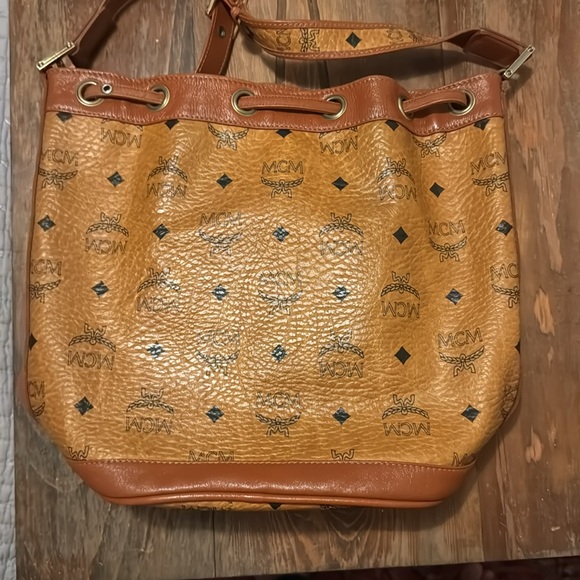 EUC MCM Visetos Cognac Nappa Leather Monog Drawstring Bucket Bag - Picture 3 of 4